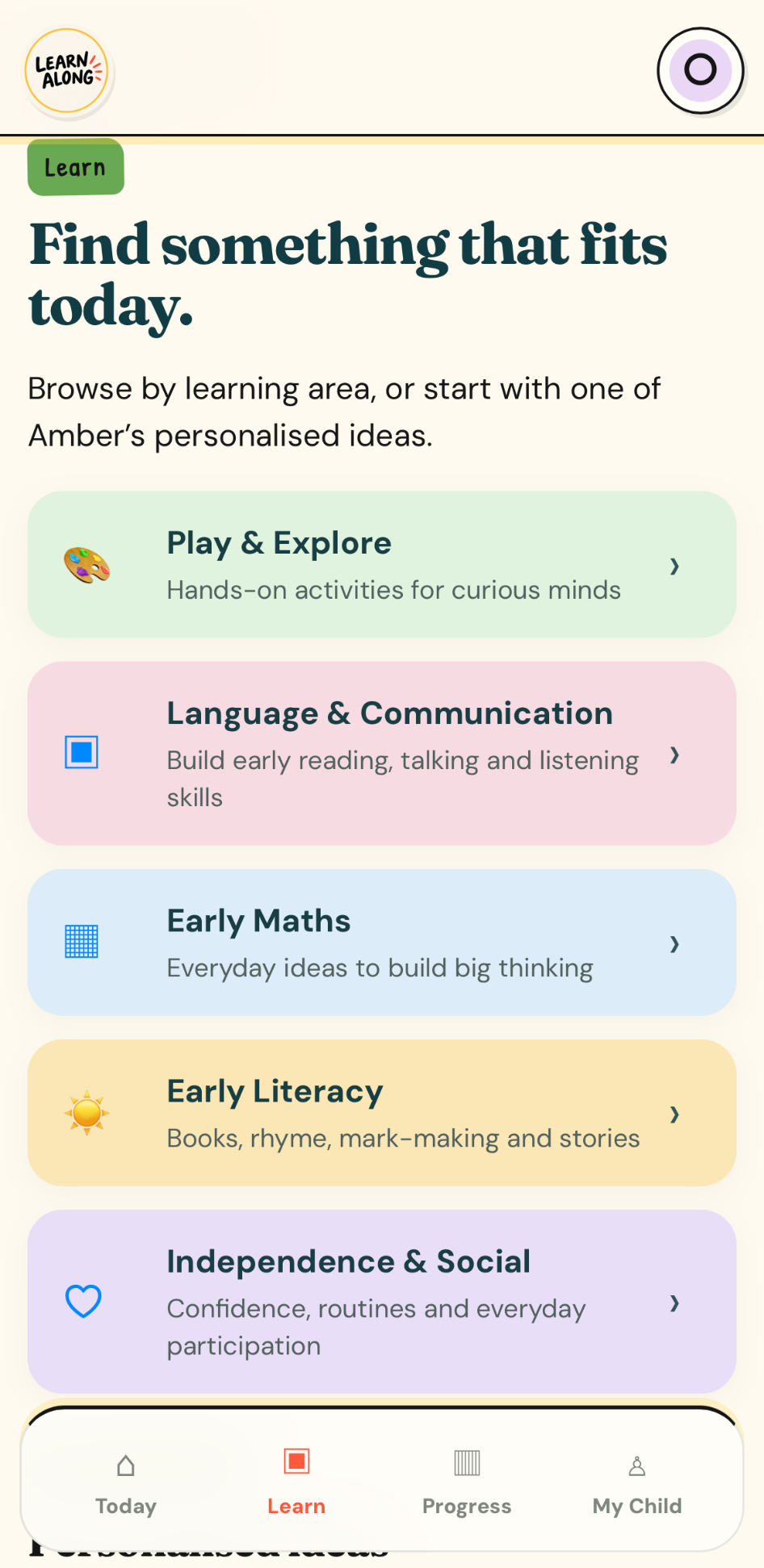 Current Learn Along Learn screen with learning-area activity categories