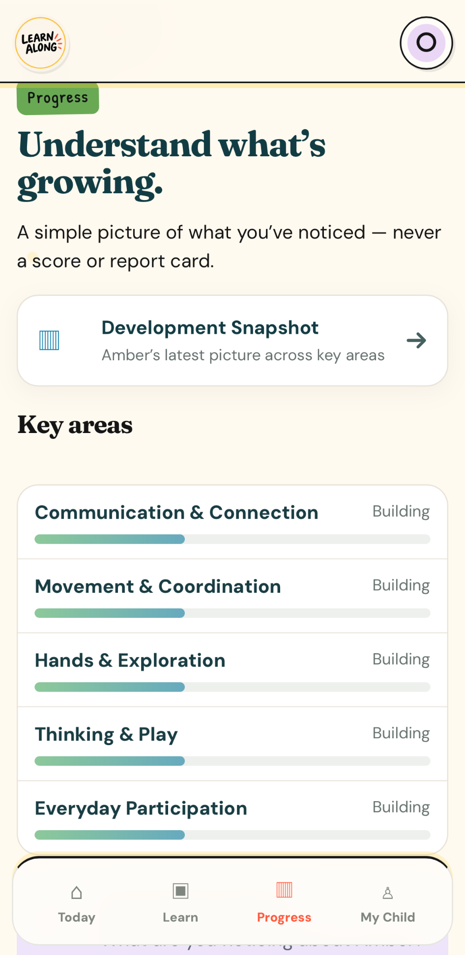 Current Learn Along Progress screen with Development Snapshot and key areas