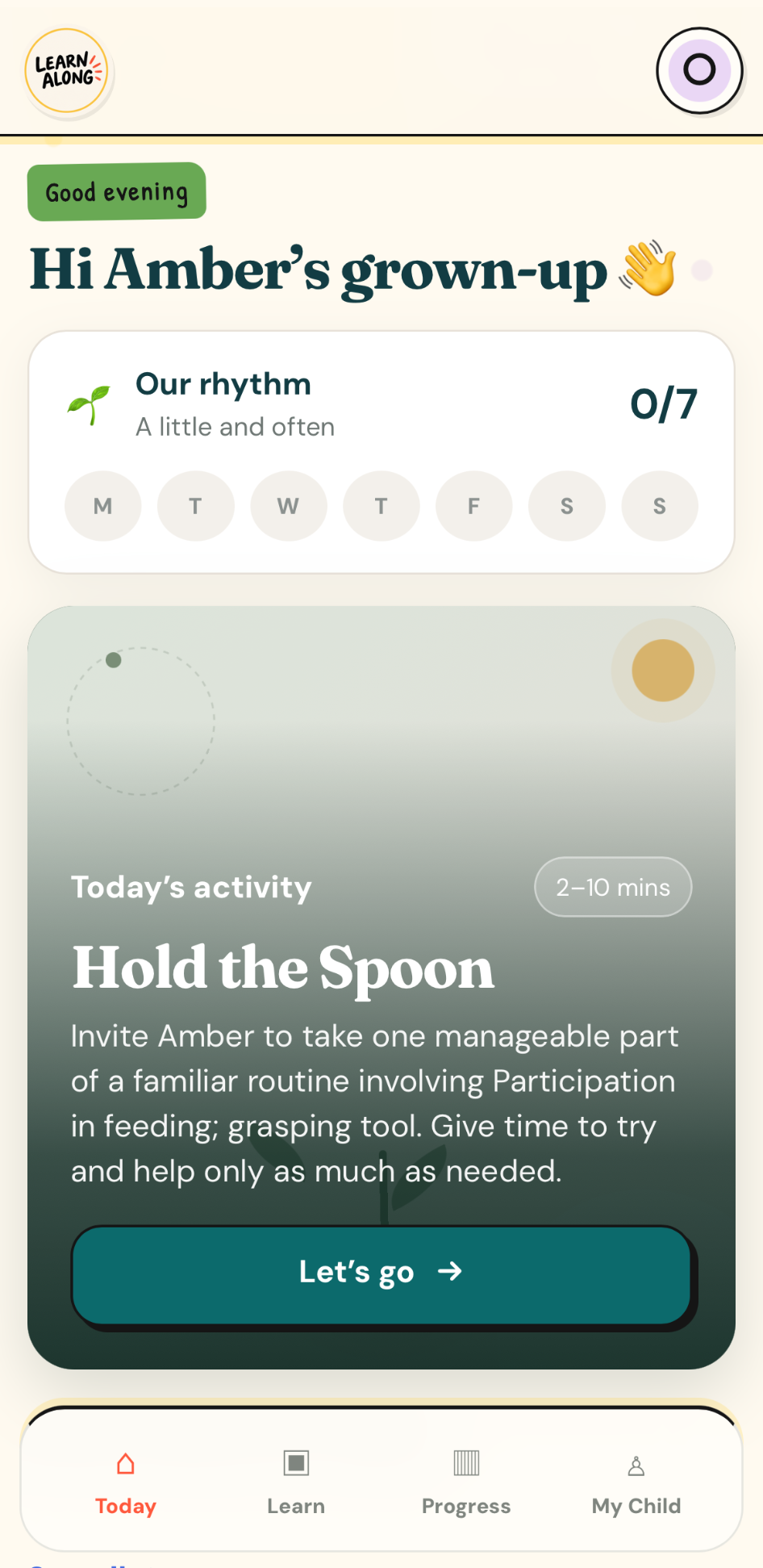 Real Learn Along Today screen showing Our Rhythm and a personalised activity