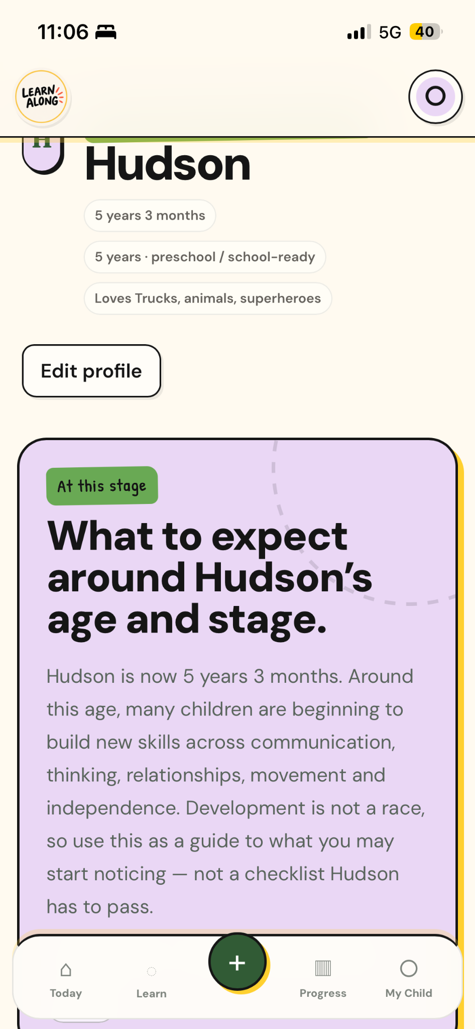 Real Learn Along child profile and age-and-stage guidance screen